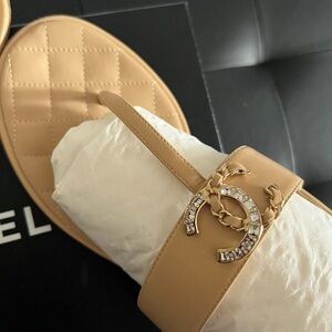 CHANEL Beige Sandals with Gold Detail